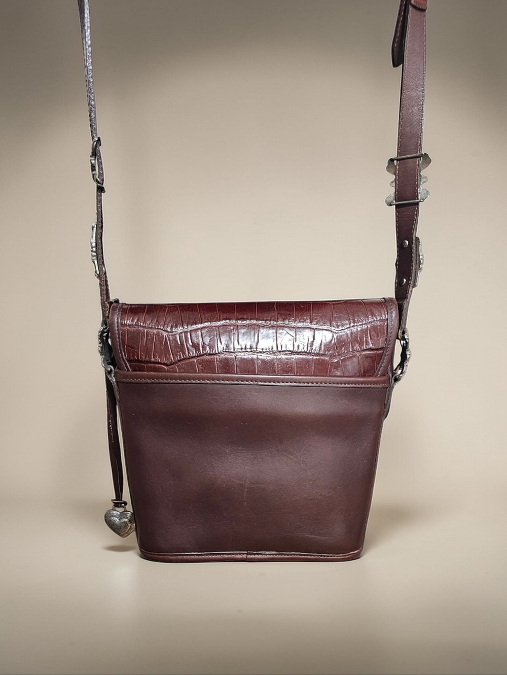 Vintage Brighton Croc Embossed Leather Crossbody Western Heart Charm + Dust Bag - Picture 2 of 10
